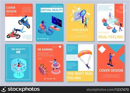Colorful Vertical Banners Set with Copy Space. Cover Design. Guys Extreme Riding Motocycles, People Playing Virtual and Augmented Reality Games, VR, Skydiver. 3D Flat Vector Isometric Illustration.. Creative Vertical Banners Set with Copy Space.