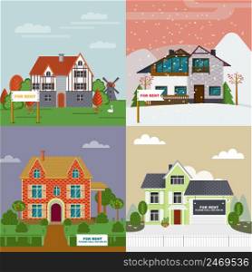 Colorful villas and cottages flat set for rent with different architecture and exterior vector illustration. Colorful Villas And Cottages Flat Set