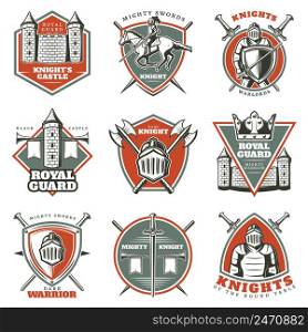 Colorful vintage historical medieval labels set with armored knights crossed weapons fortress and tower isolated vector illustration. Colorful Vintage Historical Medieval Labels Set