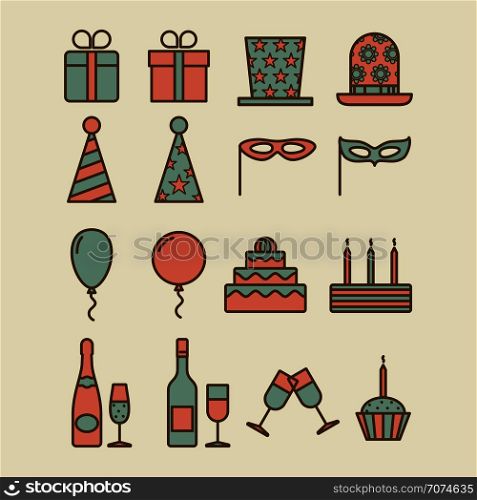 Colorful vintage party icons. Gift box and mask, balloon and cake retro styled signs. Colorful vintage party icons