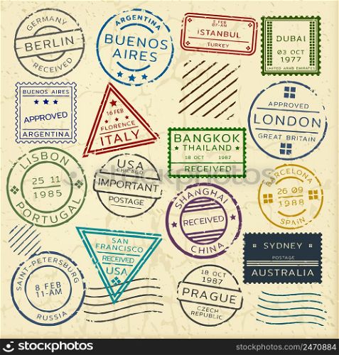 Colorful vintage postage stamps set from different countries of round rectangular and triangular shapes isolated vector illustration. Colorful Vintage Postage Stamps Set
