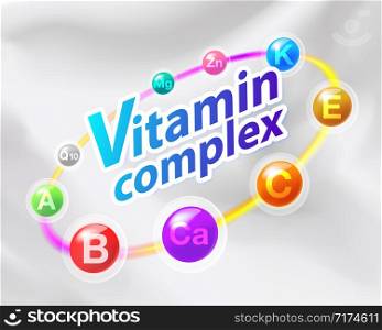 Colorful vitamin complex capsule with rainbow ring contains Vitamin C, Ca, B, A, E, Q10, Mg, Zn Medicines for health promotion, treatment and used as medical illustrations.