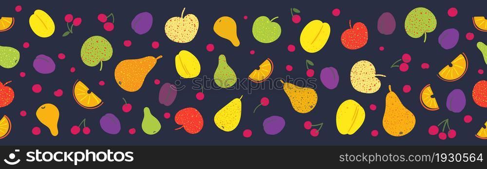 Colorful vivid fruits on a blue background. Apples, pears, peaches, cherries, orange slices. Seamless ribbon border. Vector image.