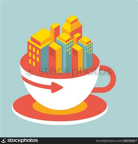colorful volume illustration modern city in cup of coffee