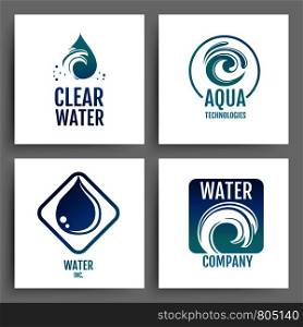 Colorful water company logos. Clean water emblem cards. Business logotype natural drop aqua of set. Vector illustration. Colorful water company logos. Clean water emblem cards