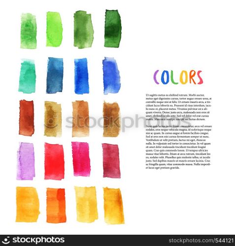 Colorful watercolor design elements with brush stroke elements. Palette art. Art studio decoration. Vector template for flyer, banner, poster, brochure, cover, postcards, invitation, greeting card. Colorful watercolor design elements with brush stroke elements. Palette art. Art studio decoration. Vector