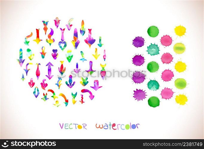 Colorful watercolor vector arrows. Vector design elements isolated on white background. Set of watercolor vector arrows