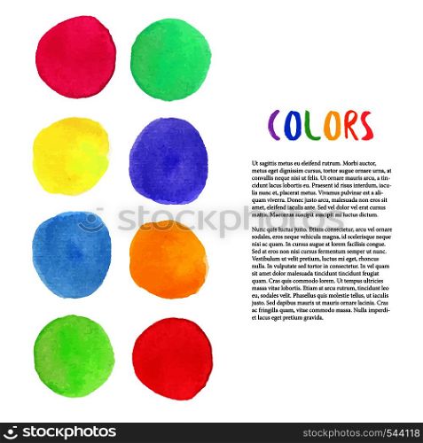 Colorful watercolor vector background. Decoration with painting blots. Art studio decoration. Vector template for flyer, banner, poster, brochure, cover, postcards, invitation, greeting card . Colorful watercolor vector background. Decoration with painting blots. Art studio decoration. Vector template