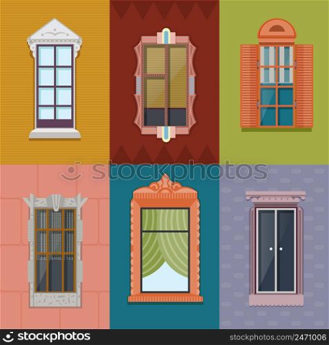 Colorful windows flat collection of different shapes and construction for building exterior on wall background vector illustration. Colorful Windows Flat Collection