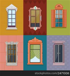 Colorful windows flat collection of different shapes and construction for building exterior on wall background vector illustration. Colorful Windows Flat Collection
