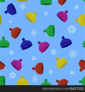 Colorful Winter Knitted Hat Seamless Pattern with Snowflakes on Blue Background. Colorful Winter Knitted Hat Seamless Pattern