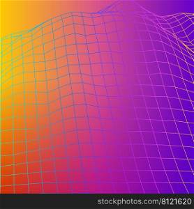 Colorful wireframe grid of 80s styled retro computer game or science inspired background 3d structure with mountains or hills