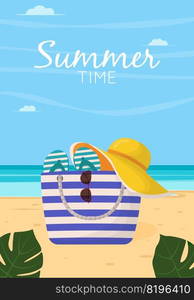 Colorful women’s summer bag with beach accessories. Summer design elements. Flat vector illustration for poster, banner, flyer.. Colorful women’s summer bag with beach accessories. Summer design elements. Flat vector illustration for poster, banner, flyer