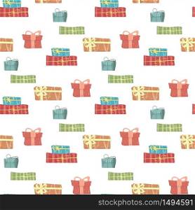 Colorful Xmas Gift Boxes on White Backdrop. Seamless Pattern. Hand Drawn Style Motif for Christmas or New Year Background, Wrapping Paper, Fabric, Surface Design. Cartoon Flat Vector Illustration. Pattern Colorful Xmas Gift Boxes on White Backdrop