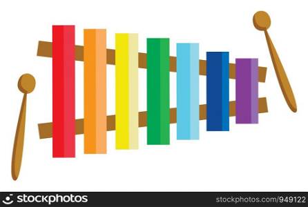Colorful xylophone with sticks to play on it, vector, color drawing or illustration.