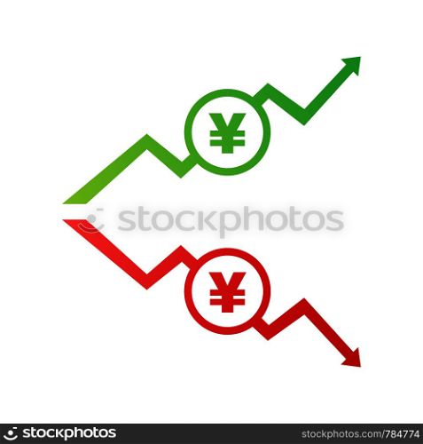 Colorful yen yuan currency up and down sign icon on green and red badge banner. Vector stock illustration.