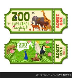 Colorful zoo tickets with tropical plants exotic birds and african animals flat vector illustration . Colorful Zoo Tickets With Tropical Background