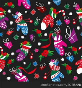 Colorfull Christmas gloves on black background. Seamless pattern. Vector illustration.
