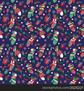 Colorfull Christmas gloves on blue background. Seamless pattern. Vector illustration.