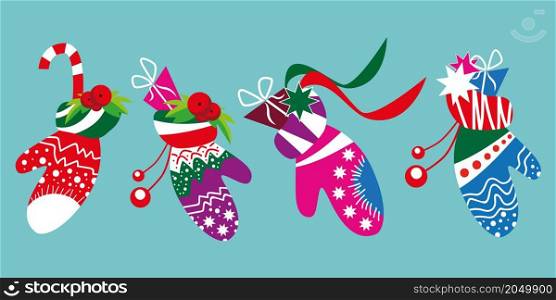 Colorfull Christmas gloves set. Vector illustration.