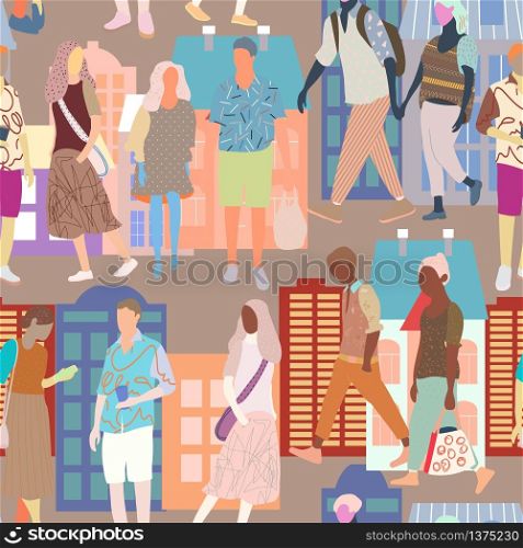Colorfull people walk along the street in the background with buildings. Vector urban style of a busy street. The architecture of the building. The concept of lifestyle.. Colorfull people walk along the street in the background with buildings. Vector urban style of a busy street. The architecture of the building. The concept of lifestyle