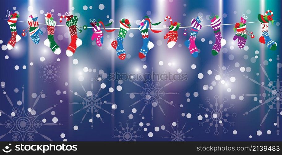 Colorfull Santa Claus socks and gloves pattern. Mock up for Christmas and New Year greeting cards. Vector illustration.