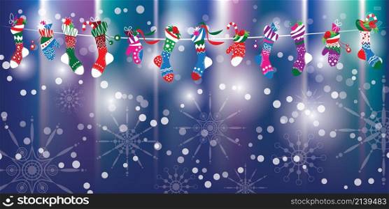 Colorfull Santa Claus socks and gloves pattern. Mock up for Christmas and New Year greeting cards. Vector illustration.