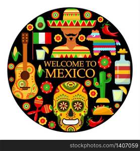 Colorfull traditional Mexican attributes on black background. Vector illustration