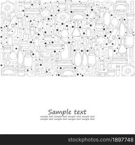 Coloring banner. Laboratory assistant doctor tools set in hand draw style. Analysis tools, virus search. Doctor&rsquo;s case, microscope, tools. Monochrome medical illustrations. Coloring pages, black and white