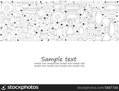 Coloring banner. Laboratory assistant doctor tools set in hand draw style. Analysis tools, virus search. Doctor&rsquo;s case, microscope. Monochrome medical illustrations. Coloring pages, black and white