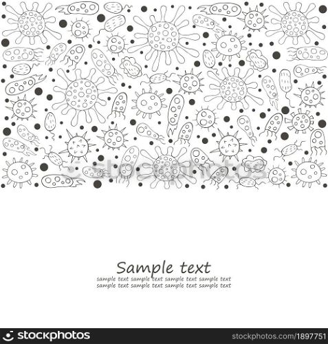 Coloring banner. Set of cartoon microbes in hand draw style. Coronavirus, viruses, bacteria, microorganisms. Monochrome medical illustrations. Coloring pages, black and white