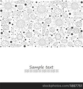 Coloring banner. Set of cartoon microbes in hand draw style. Coronavirus, viruses, bacteria, microorganisms. Monochrome medical illustrations. Coloring pages, black and white