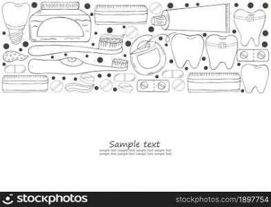 Coloring banner. Set of elements for the care of the oral cavity in hand draw style. Teeth cleaning, dental health. Teeth, floss, brush, paste. Monochrome medical illustrations. Coloring pages, black and white
