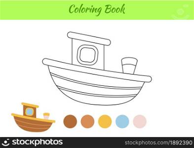 Coloring book boat for children. Educational activity page for preschool years kids and toddlers with transport. Printable worksheet. Cartoon colorful vector illustration.