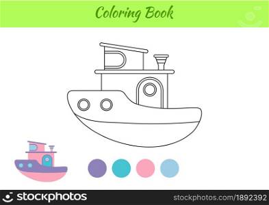 Coloring book boat for children. Educational activity page for preschool years kids and toddlers with transport. Printable worksheet. Cartoon colorful vector illustration.