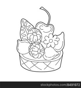 Coloring book cake, tasty doodle food vector illustration