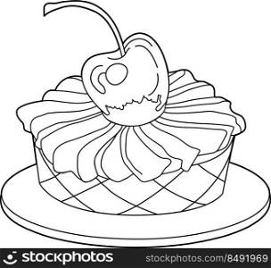 Coloring book cake white cherry, tasty doodle food vector illustration
