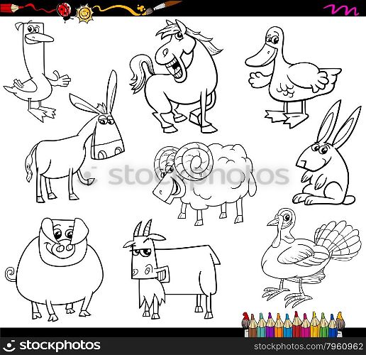 Coloring Book Cartoon Illustration Collection of Farm Animals Characters
