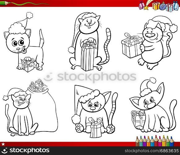 Coloring Book Cartoon Illustration of Black and White Set of Cat Characters on Christmas Time