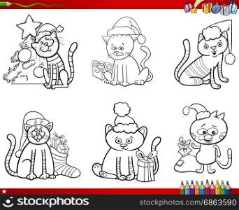 Coloring Book Cartoon Illustration of Black and White Set of Cats Animal Characters on Christmas Time
