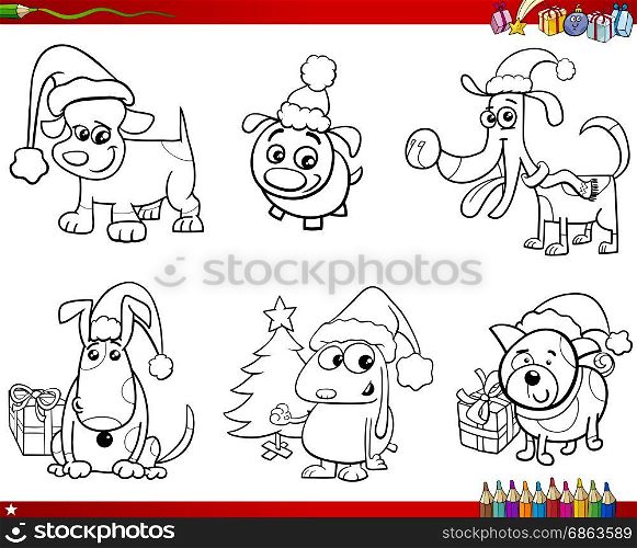 Coloring Book Cartoon Illustration of Black and White Set of Dogs Animal Characters on Christmas