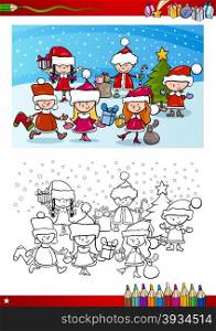 Coloring Book Cartoon Illustration of Children Santa Claus Group on Christmas Time