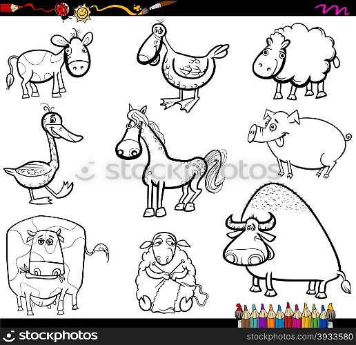 Coloring Book Cartoon Illustration of Farm Animals Characters Set