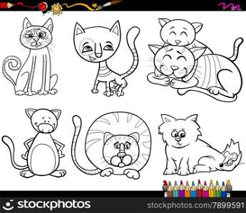 Coloring Book Cartoon Illustration of Funny Cats Characters Set