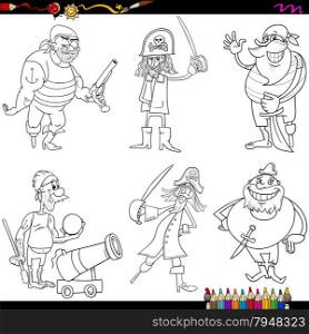 Coloring Book Cartoon Illustration of Funny Fantasy Pirates Characters Set