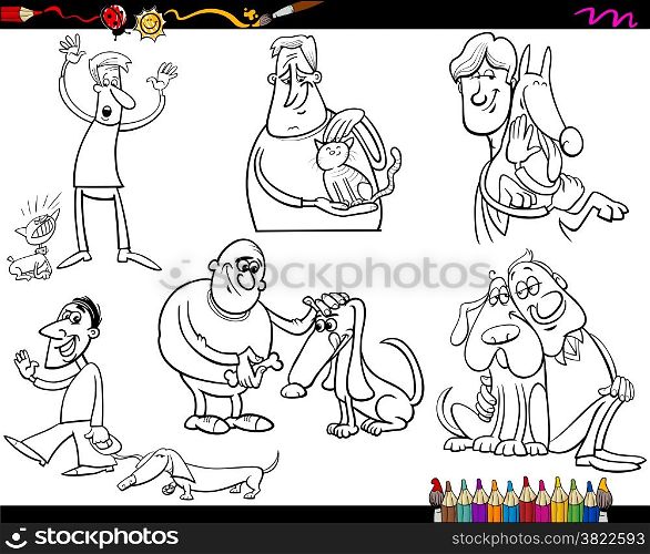 Coloring Book Cartoon Illustration of Funny People with Pets Characters Set
