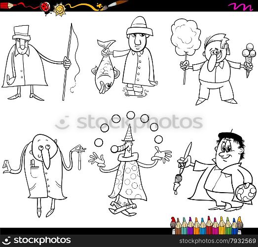 Coloring Book Cartoon Illustration of Funny Professional People Occupations Characters Set