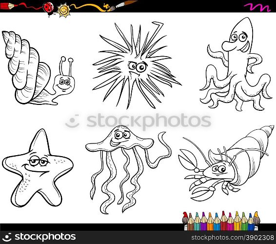 Coloring Book Cartoon Illustration of Funny Sea Life Animals Characters Set