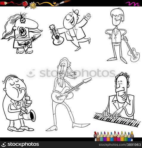 Coloring Book Cartoon Illustration of Musicians Playing Musical Instruments Characters Set