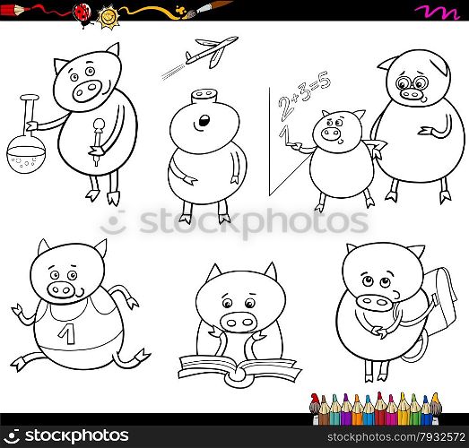 Coloring Book Cartoon Illustration of Piglet Animal Character School Student Set